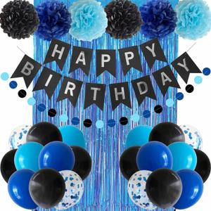 ANSOMO Blue and Black Happy Birthday Party Decorations for Boys, Men Banner Balloons, Navy Royal Light Blue Pom Poms Foil Curtain Decor Supplies 13th 16th 18th 20th 30th 40th 50th 60th 70th 80th