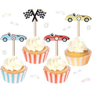 32pcs Race Car Wooden Cupcake Toppers, Racing Flag Cupcake Picks Cake Decorations Baby Shower Birthday Party Supplies