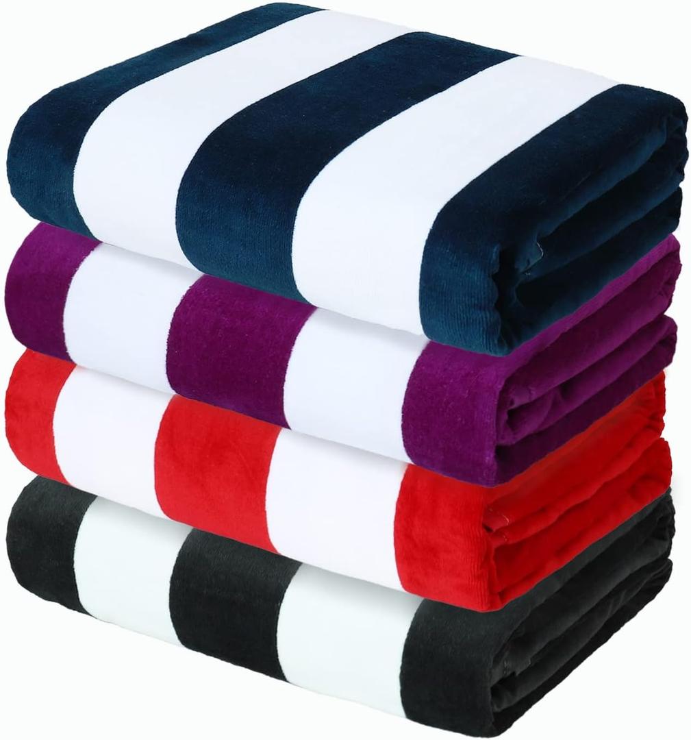 Exclusivo Mezcla 4 Pack 100% Cotton Oversized Large Beach Towel, Pool Towel (Cabana Stripe, 35"x70")—Soft, Quick Dry, Lightweight, Absorbent, and Plush