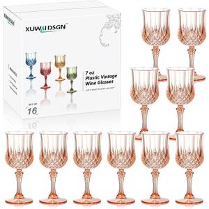 XUWAIDSGN 16 Pcs 7oz Plastic Vintage Wine Glasses Drinking Glasses Unbreakable Wedding Glassware Crystal Water Goblets Reusable Drinkware Vintage Champagne Flutes (16, Pink)