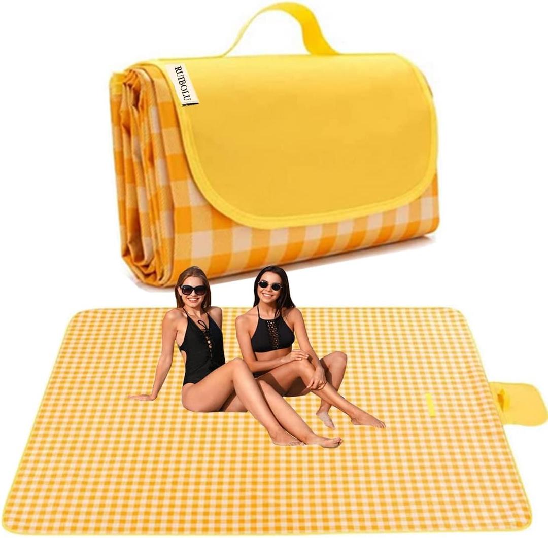 Extra Large Picnic Blanket Beach Blankets, 80''x80'' Picnic Mat Waterproof Sand Proof Foldable Portable for Outdoor Camping Hiking Travel Grass Park Music Festival Lawn Mats (yellow, 80x80 inch)