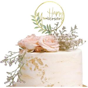 Happy Anniversary Cake Topper with Golden Ring & Green Plant Design， Elegant Acrylic Cake Decoration for Special Occasions，Acrylic Cake Topper for Anniversaries