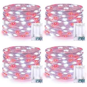 JMEXSUSS 4 Pack 50 LED Fairy Lights Battery Operated, 16.1ft Waterproof Red & White Twinkle Christmas Lights for Gifts Party Wedding Indoor Outdoor Decorations