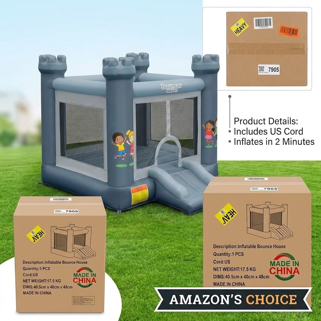 Kids Inflatable Bounce House with Slide – Outdoor & Indoor Bouncy Castle Playhouse for Toddlers & Children (Includes Air Blower), 

Package Dimensions: 40.5 cm x 40 cm x 48 cm (15.9" x 15.7" x 18.9")

Net Weight: 17.5 kg (approx. 38.6 lbs)