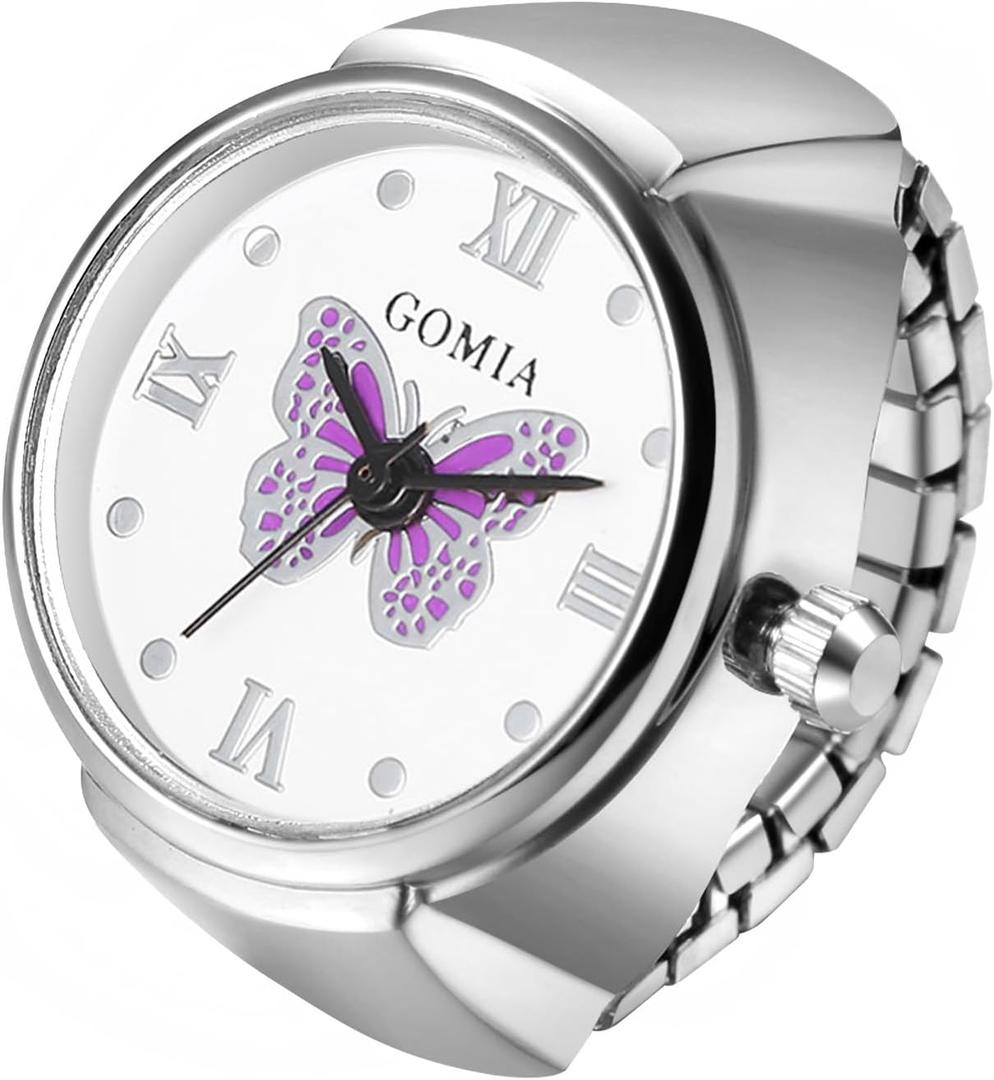 Lancardo Ring Watch for Women Elastic Band Butterfly Arabic Numerals Dial Quartz Movement Bling Silver Tone Finger Watch
