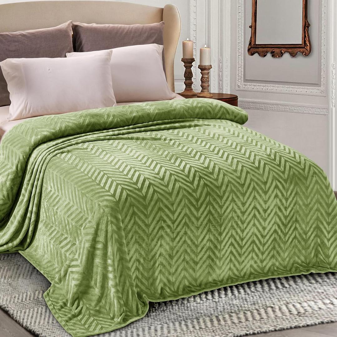 Whale Flotilla Flannel Fleece King Size Bed Blanket, Lightweight Breathable Soft Bedspread Plush Fluffy Coverlet Chevron Design Decorative Blanket for All Season, 90x104 Inch, Olive Green