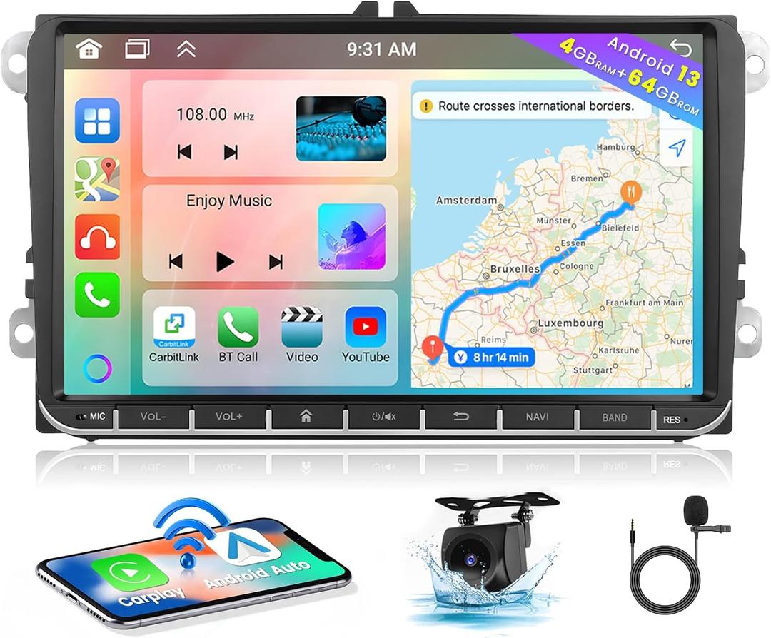 Hikity 8 Core 4+64GB for VW Jetta Passat Tiguan Skoda Seat Android 13 Car Stereo Wireless Carplay, 9 Inch IPS Touchscreen Android Auto Car Radio with 59 UI Customize APP