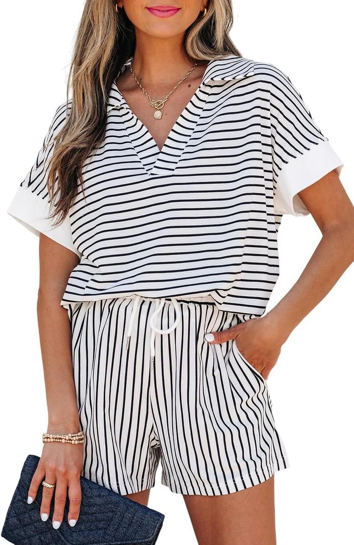 KevaMolly Womens Lounge Sets V Neck Tee and Casual Short Set Casual Pocket Decoration Two Piece Sets (White, XL)