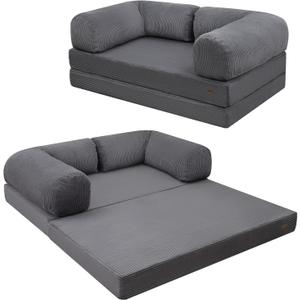 COMAX Futon Sofa Bed, 4-in-1 Floor Foldable Sofa Couch Bed Queen with L-Shaped Armrests, Convertible Folding Chair Bed Sleeper Mattress Fold Out Comfy Lounge for Living Room Bedroom, Dark Grey