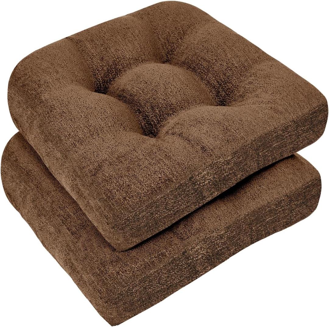 downluxe Chair Cushions for Dining Chairs 2 Pack, Tufted Indoor Chair Pads with Non-Slip Bottom, U-Shaped Kitchen Chair Cushions, 17"x17"x4", Brown