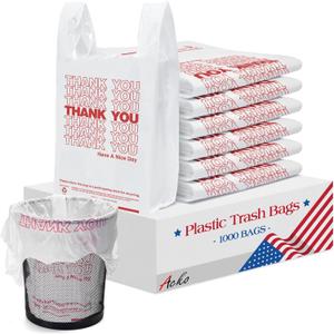 ACKO 4 Gallon Plastic T-shirt Trash Bags with Handle (Count of 1000), Small Garbage Bag for Home Office Kitchen, 12 x 6.5 x 21" Thank You Bags for Grocery, Take Out, To Go, Retail Shopping Bag