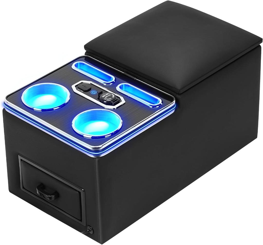 Center Console, Universal Bench Seat Center Console, Center Console Organizer with 7-Color Mood Lighting Cup Holder & Phone Holder, Central Armrest Box for Car Minivan Van Truck (Black)
