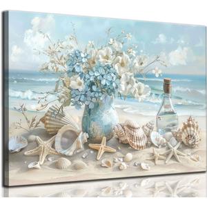 AKOTAC Blue Ocean Beach Bathroom Canvas Wall Art Seaside Seashell Painting Print Artwork Starfish with White Flower Coastal Picture Wall Decor for Living Room Bedroom Bathroom Decoration