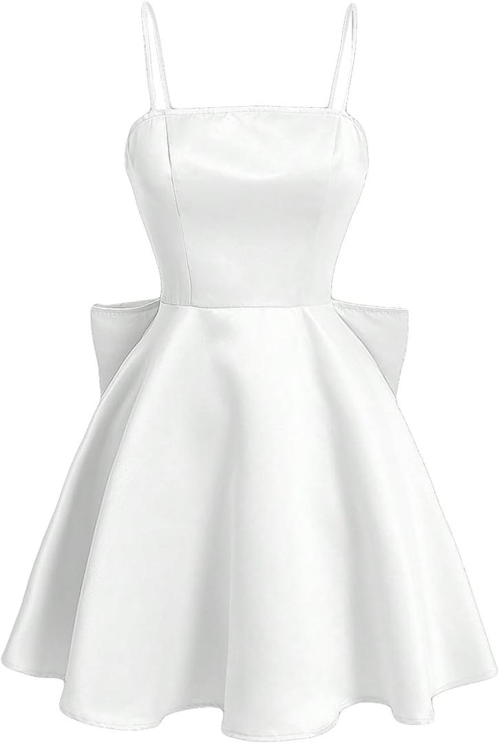 WDIRARA Women's Satin Bow Homecoming Dresses Spaghetti Strap Wedding Guest Gown Summer Mini Dress (Large)