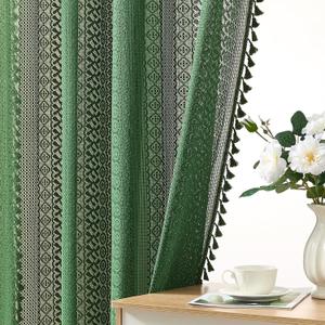 Emerald Green Boho Curtains 72 Inch Length, 2 Panels, W60 x L72 In, Geometric Stripes Crochet Sheer Lace Curtains with Tassels Rod Pocket Privacy Light Filtering Farrmhouse Christmas Window Curtain