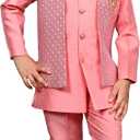 AHHAAAA Kids Indian Ethnic Silk Blend Waistcoat Kurta Pyjama Set Traditional Wear Bollywood Style Wedding Dress for Boys, 9, Pink