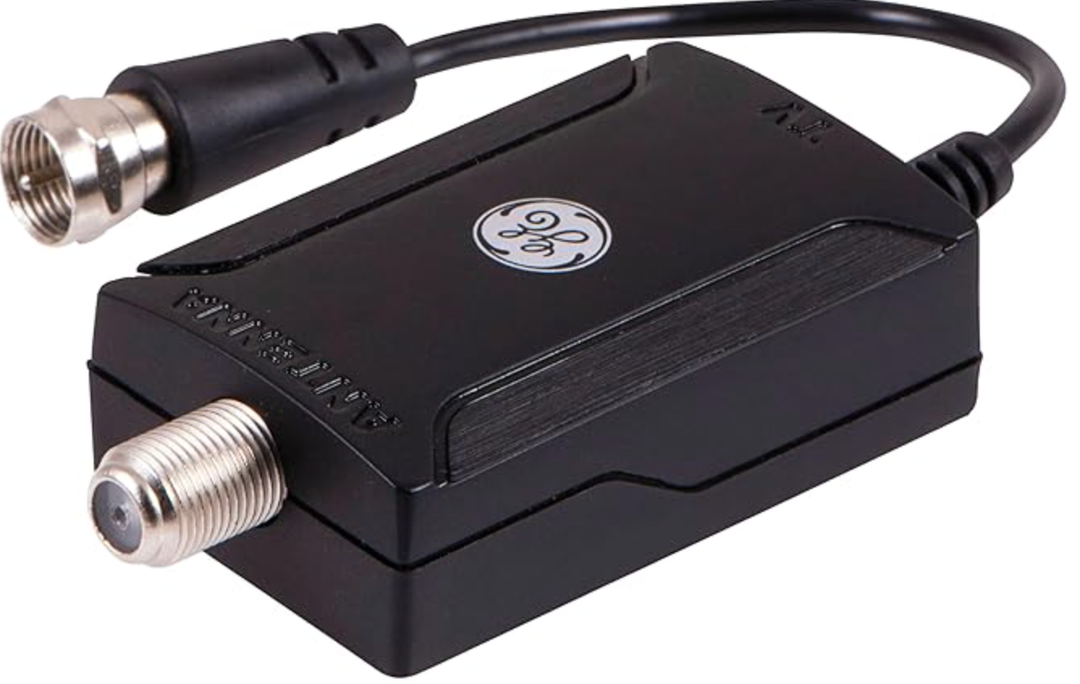 GE Indoor TV Antenna Amplifier, Antenna Signal Booster, HD TV Digital VHF UHF, Low Noise, Black, 42178