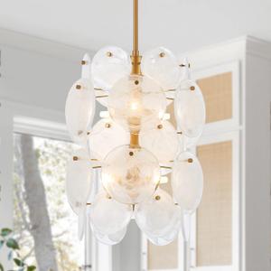 Modern Glass Chandelier for Dining Room, Gold Entryway Chandelier, 6-Light Unique Pendant Light Fixture for Bedroom Hallway Stairway Kitchen