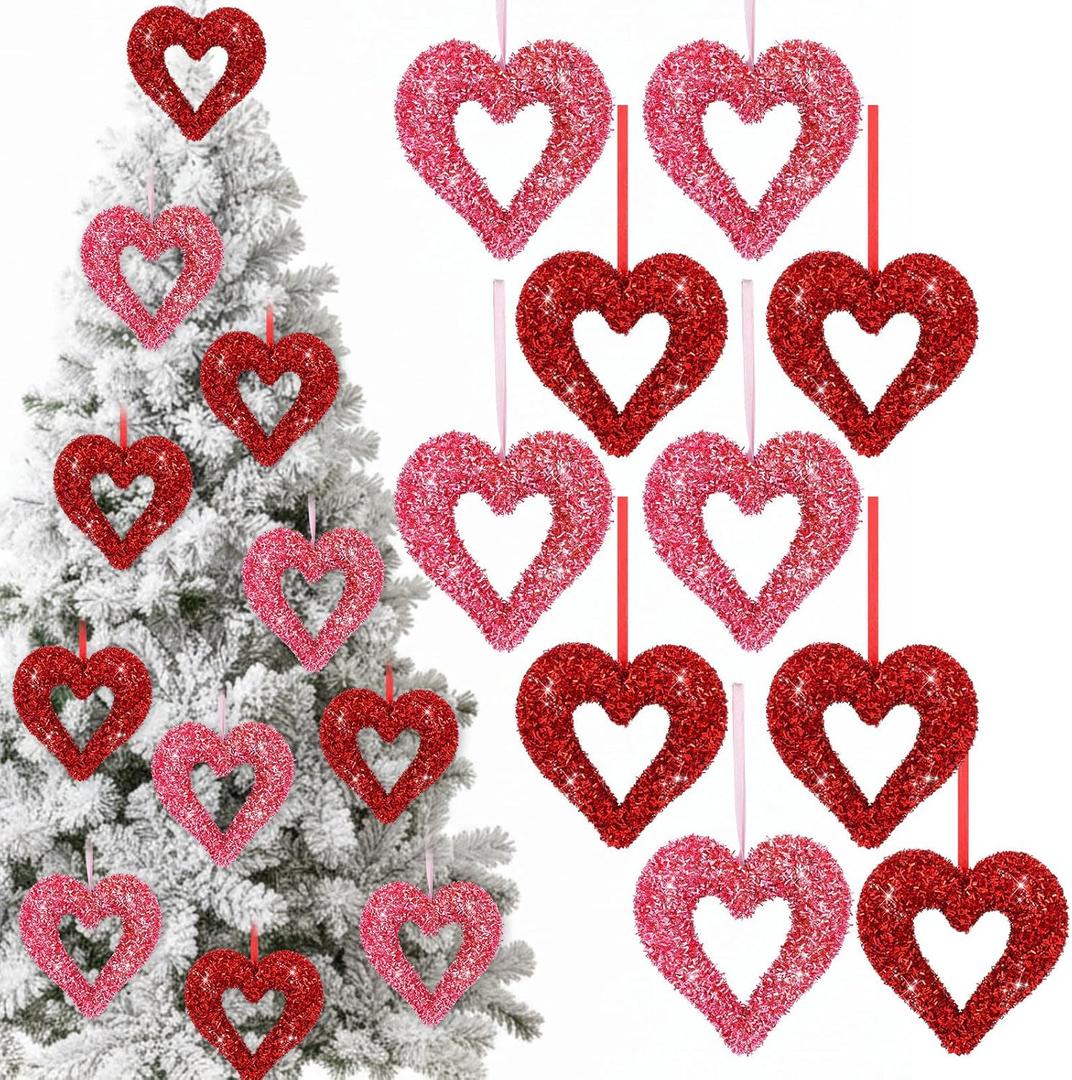 Soulchen 10 Pcs 4.9 Inch Valentine Heart Tree Ornaments Large Red and Pink Glittery Heart Foam Wall Decoration 3D Glitter Love Romantic Valentines Tree Hanging Decorations(Glitter)