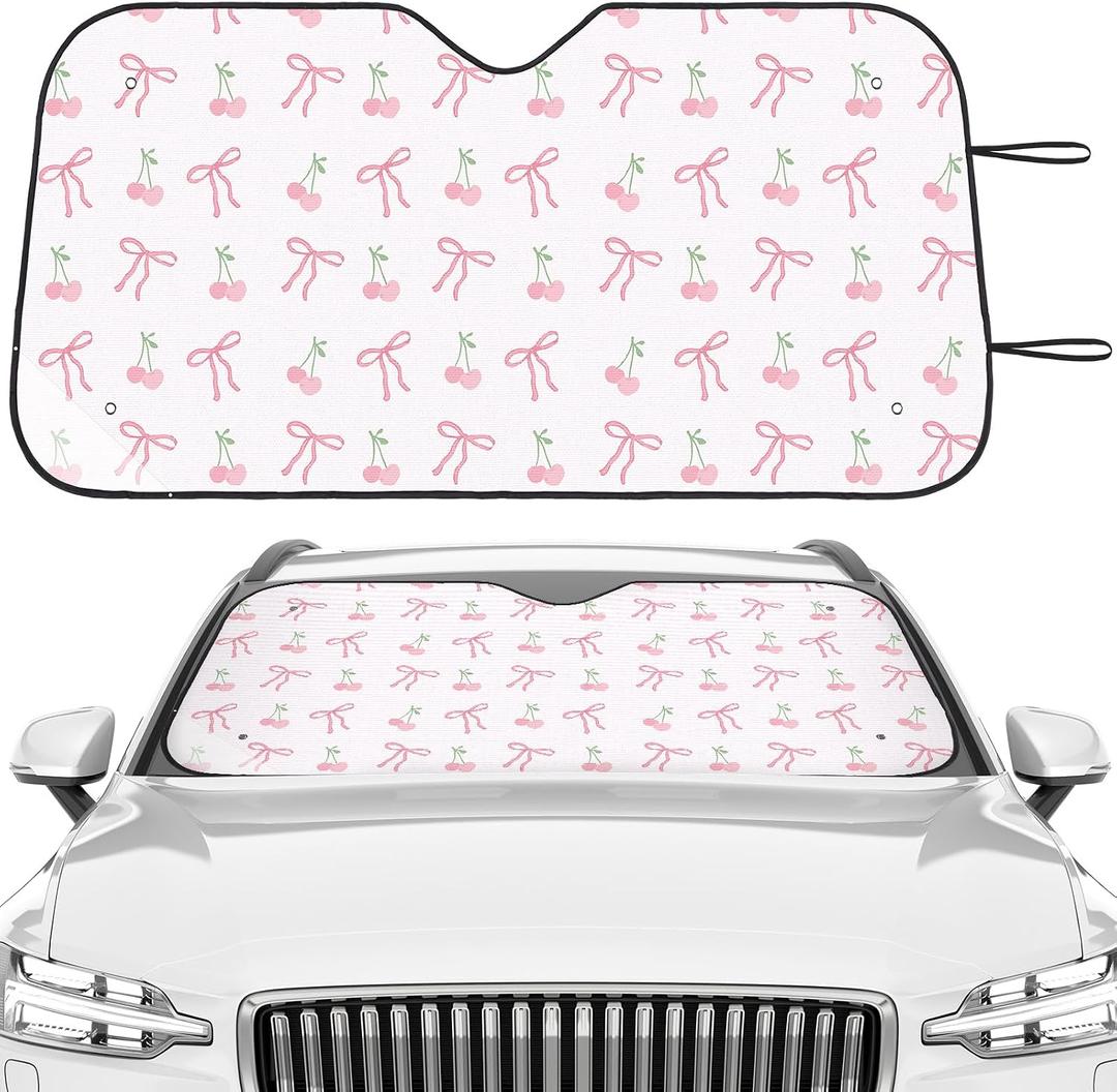 DaisyInner Bow Cherry Car Windshield Sun Shade Cute Cars Visor Front Windshield Sun Protector to Keep Cooler Vehicle Automotive Sunshade Interior Heat and UV Protection 55 x 27.6 Inch