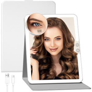 FUNTOUCH 2500mAh Large Rechargeable Travel Makeup Mirror with Light, Portable Makeup Mirror with 10X Magnifying Mirror, 3 Lighting Modes, Tabletop Folding Travel Mirror with PU Leather Cover (White)