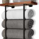 Towel Racks for Bathroom Wall Mounted with Wooden Shelf Bath Towel Holder for Rolled Towels Metal Towel Storage Organizer for Small Bathroom Decor or RV Camper Black