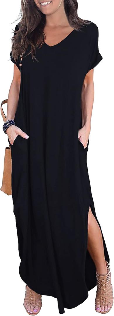 GRECERELLE Women's Summer Maxi Dress Casual Loose V Neck Short Sleeve Side Split Long Dresses with Functional Pockets (Black)