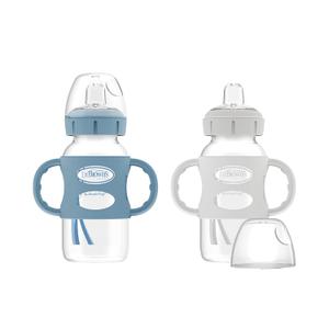 Dr. Browns Milestones Wide-Neck Transitional Sippy Bottle with Silicone Handles 9oz 270mL 6m+ Light Blue and Gray 2-Pack