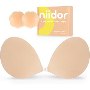 Niidor Adhesive Bra Strapless Ultra Sticky Invisible Push up Silicone Bra Multiple Colors Sizes Reusable for Backless Dress (Nude)