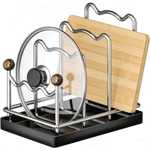 Pot Lid Organizer Cutting Board Holder with Removable Tray, 3-Slot Kitchen Pot Lid Storage Rack Chopping Board Holder for Countertop, 8.2 x 5.1 x 7.2 in, Black