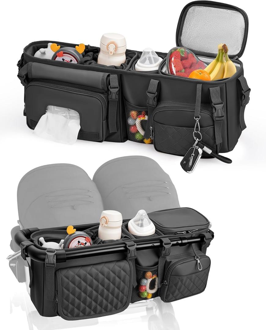 Double Stroller Organizer Bag for Bob Duallie and Baby Jogger City Mini Gt2, Double Stroller Caddy Organizers with Cup Holder,Parent Console Stroller Accessories with Cooler Pockets (Onyx Black)