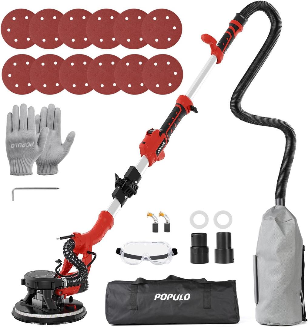POPULO Drywall Sander, 810W 7A Electric Drywall Sander with Vacuum Attachment, 6 Variable Speed 1800RPM Power Ceiling Sander Tool with LED Light for Sanding Wall, Ceiling Removal, Upgraded Version