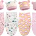 Buryeah 4 Pack Preemie Swaddle Blanket Wrap Set with Hat for Baby Boys Girls 3-7 Lbs Preemie Newborn Clothes Sleepers Cap (Pink)