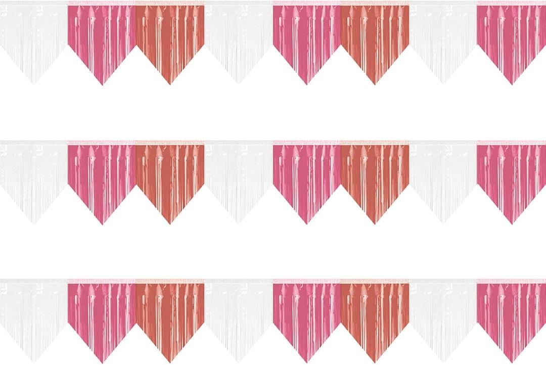 3P Banner Metallic Foil Fringe Wall Hanging Tinsel Fringe Banners backdrop for Parade Floats Garland Wedding Parties Graduation Valentines Retirement Anniversary Party Decoration(White Pink Rose Gold)