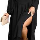 SCOMCHIC Women's Plus Size Fall Dresses Long Sleeve Square Neck Smocked Flowy A-Line Formal Wedding Guest Maxi Dress 2XL 