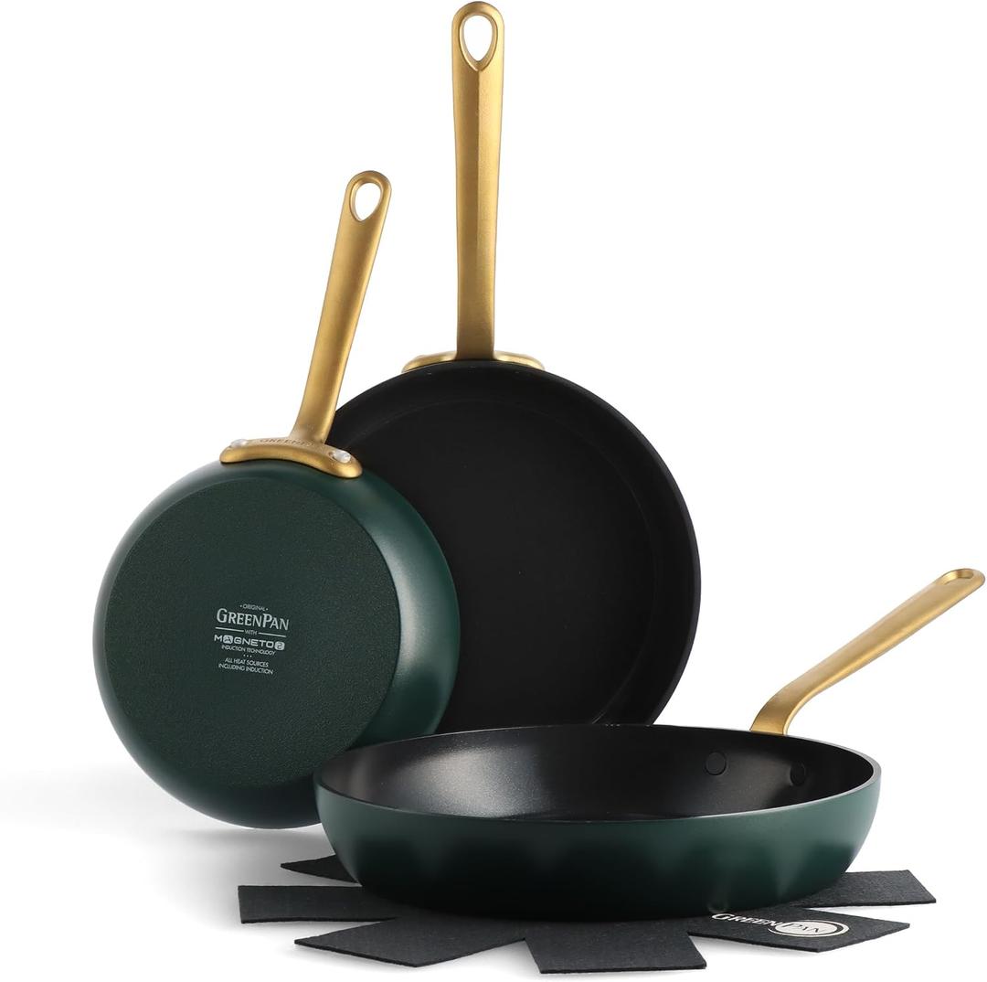 GreenPan Craft 8" 9.5" & 11" PFAS-Free Ceramic Nonstick Skillet Set, Green, 8", 9.5", & 11" Frying Pan Skillet Set