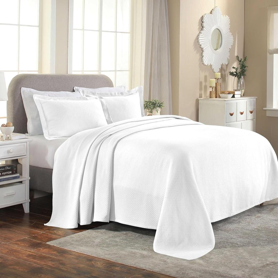 Superior Solitaire Cotton 3 Piece Bedspread Set, Home Bed Decor, Decorative Textured Bed Spread, 2 Pillow Shams, Airy Blanket, Matelasse Coverlet Bedding, All-Season Accent Blanket, King, White