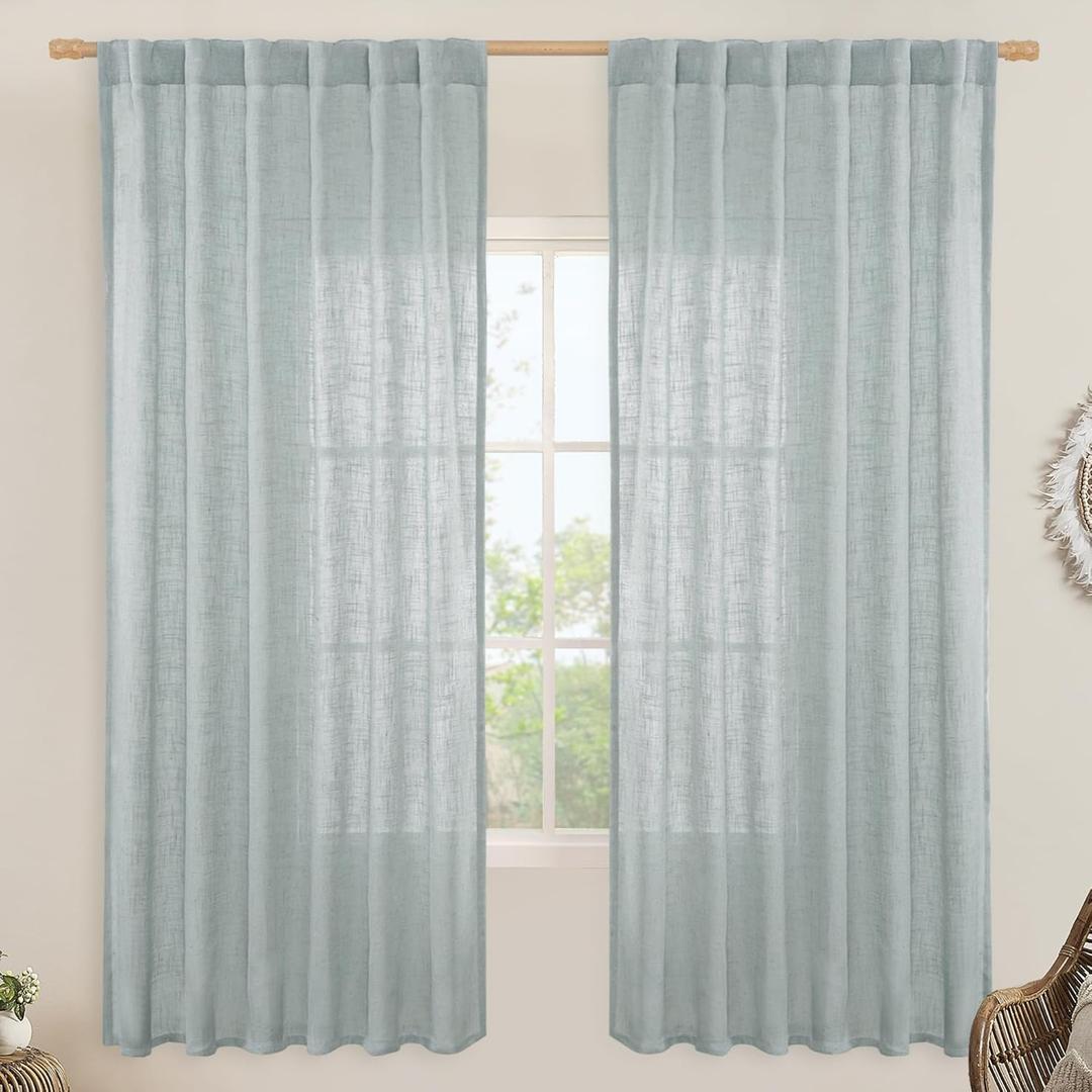 LAMIT Linen Blended Curtains for Bedroom, Faux Linen Textured Light Filtering Drapes Back Tab and Rod Pocket Boho Burlap Panels for Farmhouse/Living Room, 2 Panels, 52 x 72 Inch, Greyish Blue