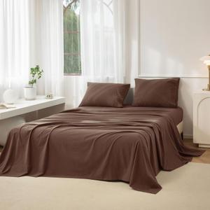 JIYUAN 100% Washed Cotton Sheet Set 4 Pieces Queen,1 Fitted Sheet,1 Flat Sheet and 2 Pillowcases,Comfy and Breathable Linen Like Bedding Set,Chocolate Brown