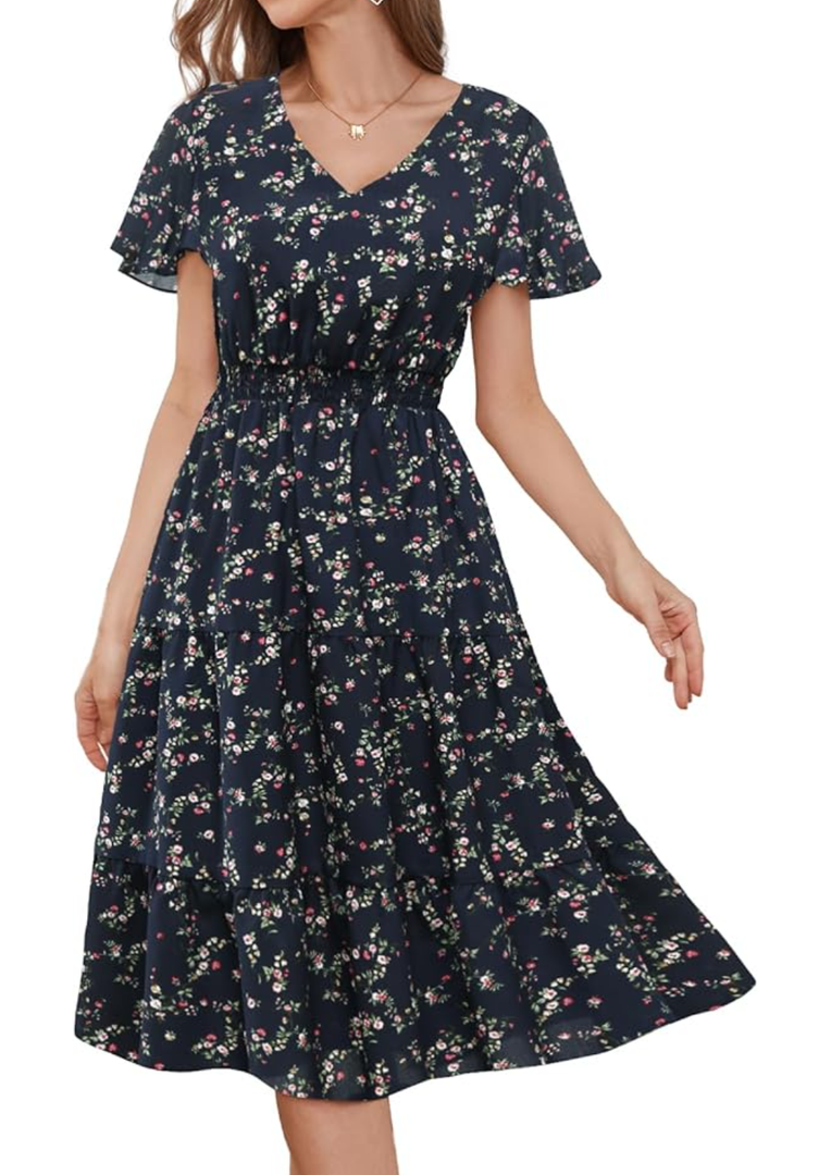 Bridesmay Casual Summer Dresses for Women with Sleeves Flowy Boho Floral Dress Midi Length 2025, Size XL