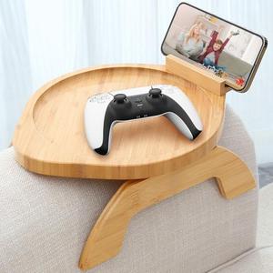 AISONGDONG Couch Arm Tray Table,Bamboo Sofa Side Tables Clip-on Couch with 360° Phone Holder,Foldable Sofa Armrest Tray for Eating,Drink, Snacks, Coffee, TV,Remote