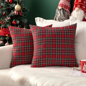 MIULEE Christmas Set of 2 Scottish Tartan Plaid Throw Pillow Covers Farmhouse Classic Decorative Outdoor Square Cushion Cases for Home Decor Sofa Couch 18x18 Inch, Red