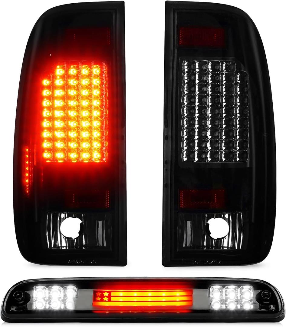 Tail Light + 3rd Brake Cargo Lamp for Ford F-250 F-350 F-450 F-550 Super Duty 1999-2007, Only Fits Styleside Fleetside, Third Center High Mount Stop Light Rear LED Taillight (Pattern E)