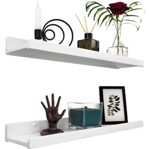 Floating Shelves for Wall 24 inch, Waterproof, Wall Storage Shelves with Lip, Display Picture Ledge Shelf for Living Room Photo Frame, Natural Wood Hanging Book Shelves (White, Set 2)