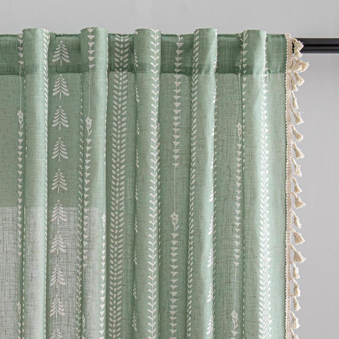 MEETSKY Boho Sage Green Curtains 63 inch Long - Sping Linen Blend Patterned Light Filtering Farmhouse Curtains for Bedroom Living Room with Tassels, Back Tab, 50" Wide Each Panel, 2 Panels