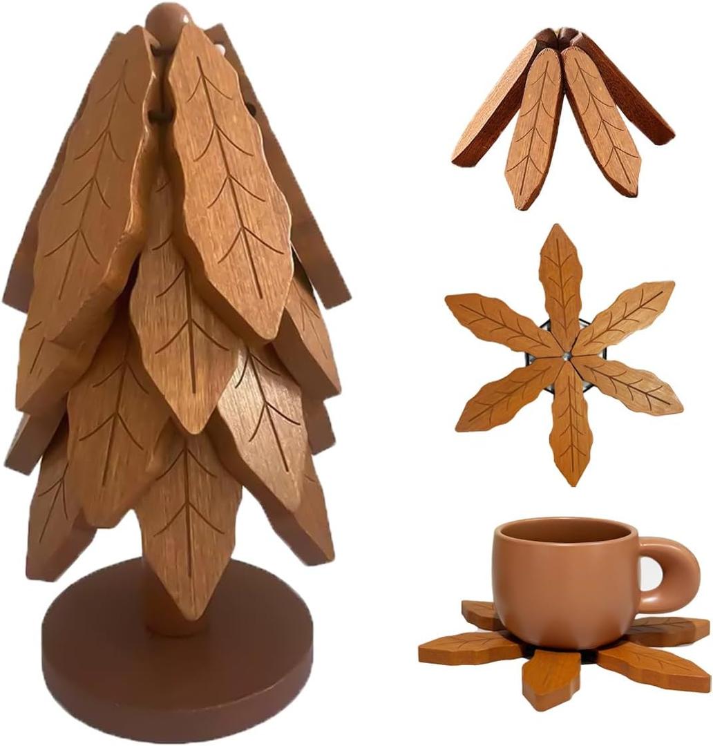 Premium Wooden Trivets, Kitchen Decor Tree Trivet for Pans & Plates & Cups, Dining-Table Pine Tree Decoration, Eco-Friendly & Easy Clean & Space-Saving (4 Leaf Foldable)