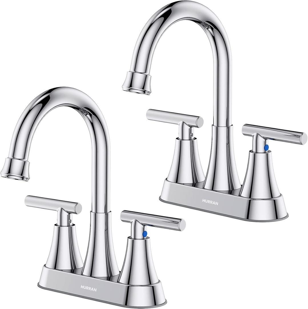 Bathroom Faucets for Sink 3 Hole, Hurran 4 inch Chrome Bathroom Sink Faucet with Pop-up Drain and Supply Hoses, Stainless Steel Lead-Free Centerset Utility Faucet for Vanity RV, 2 Pack