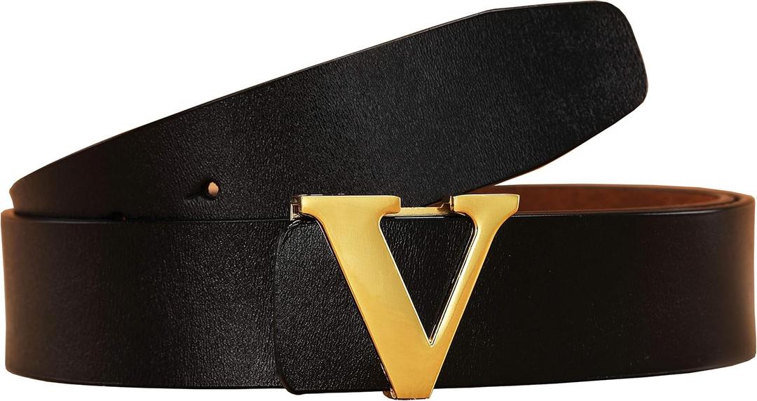 Men's Classic Gold/Silver V-Buckle Design Soft Calfskin Belt, Size: 43.3 inches (37-39)