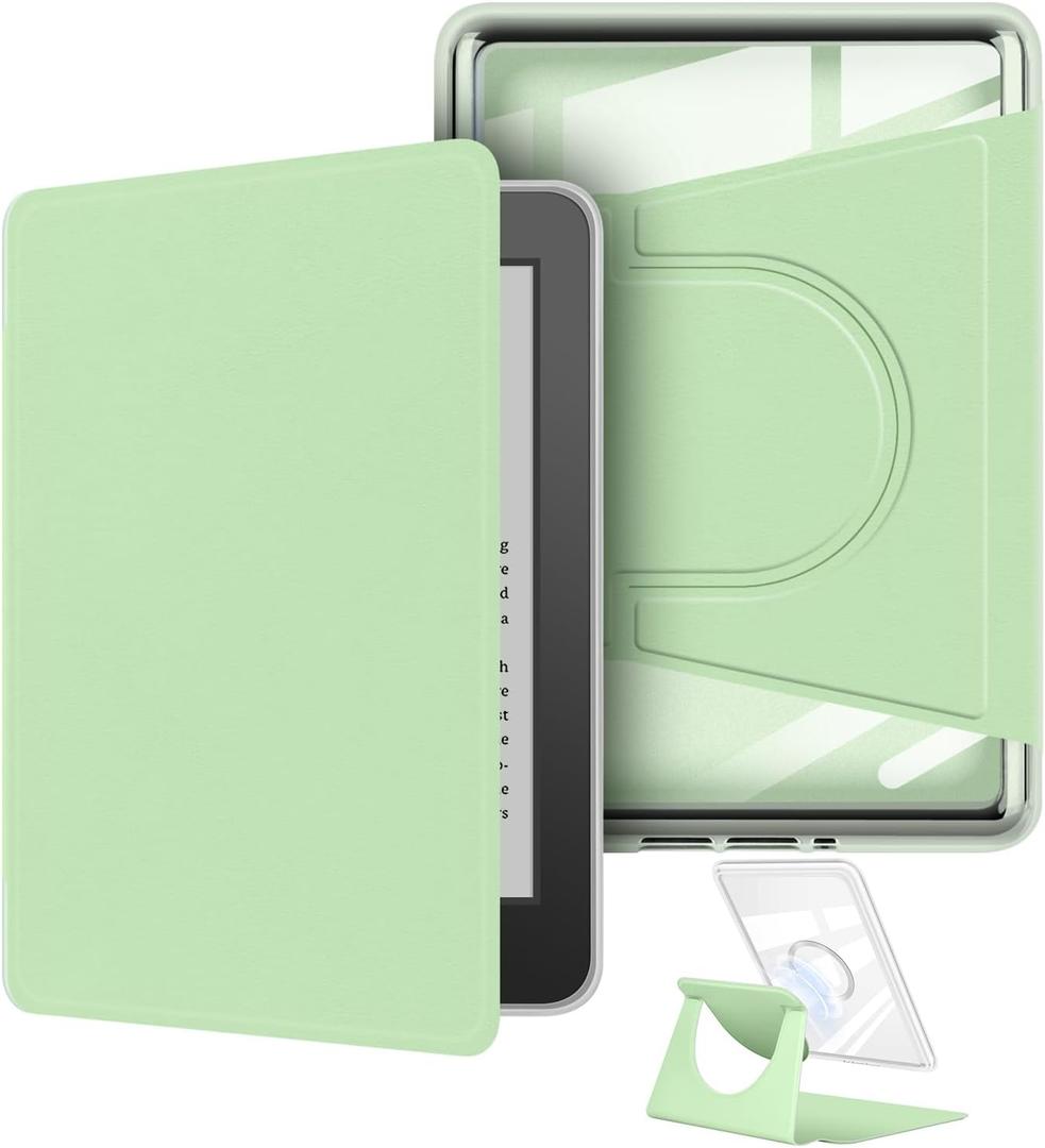 360 Degree Rotating Case for Kindle, Detachable Magnetic Design Protective Adjustable Stand Cover Clear Back with Auto Sleep/Wake for 6.8" Kindle Paperwhite (11th Generation-2021 Release), Light Green