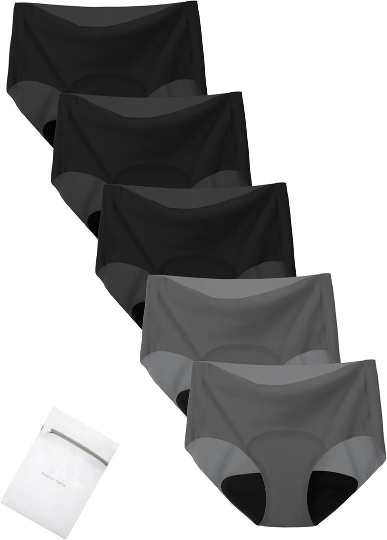 TIICHOO Womens Seamless Period Underwear Silky No VPL Leakproof Pants with Laundry Bag 5-Pack(3XL, 3 Black/2 Grey)